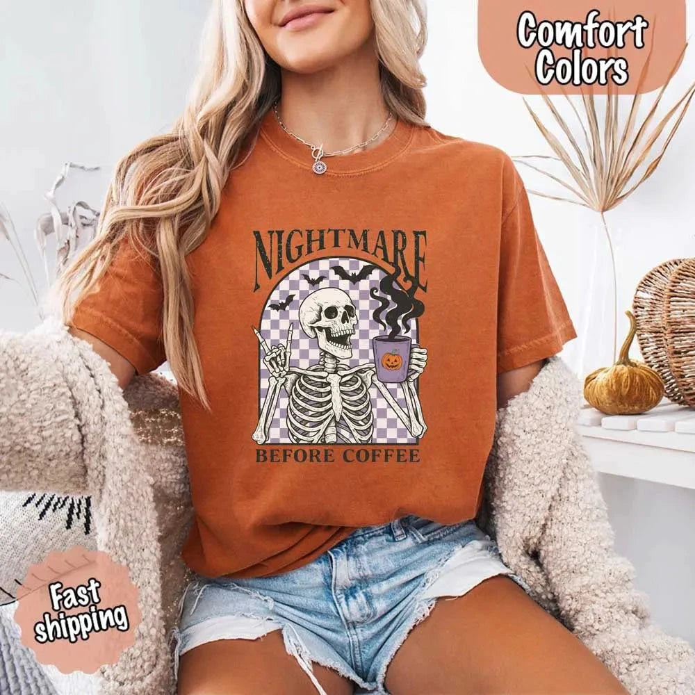 Nightmare Before Coffee Comfort Colors Shirt – Skeleton Funny Halloween Tee Adorb Custom Tees