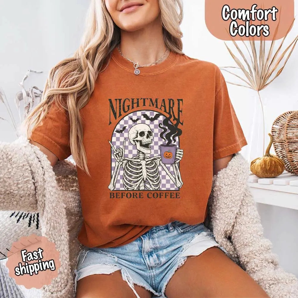 Nightmare Before Coffee Comfort Colors Shirt – Skeleton Funny Halloween Tee Adorb Custom Tees