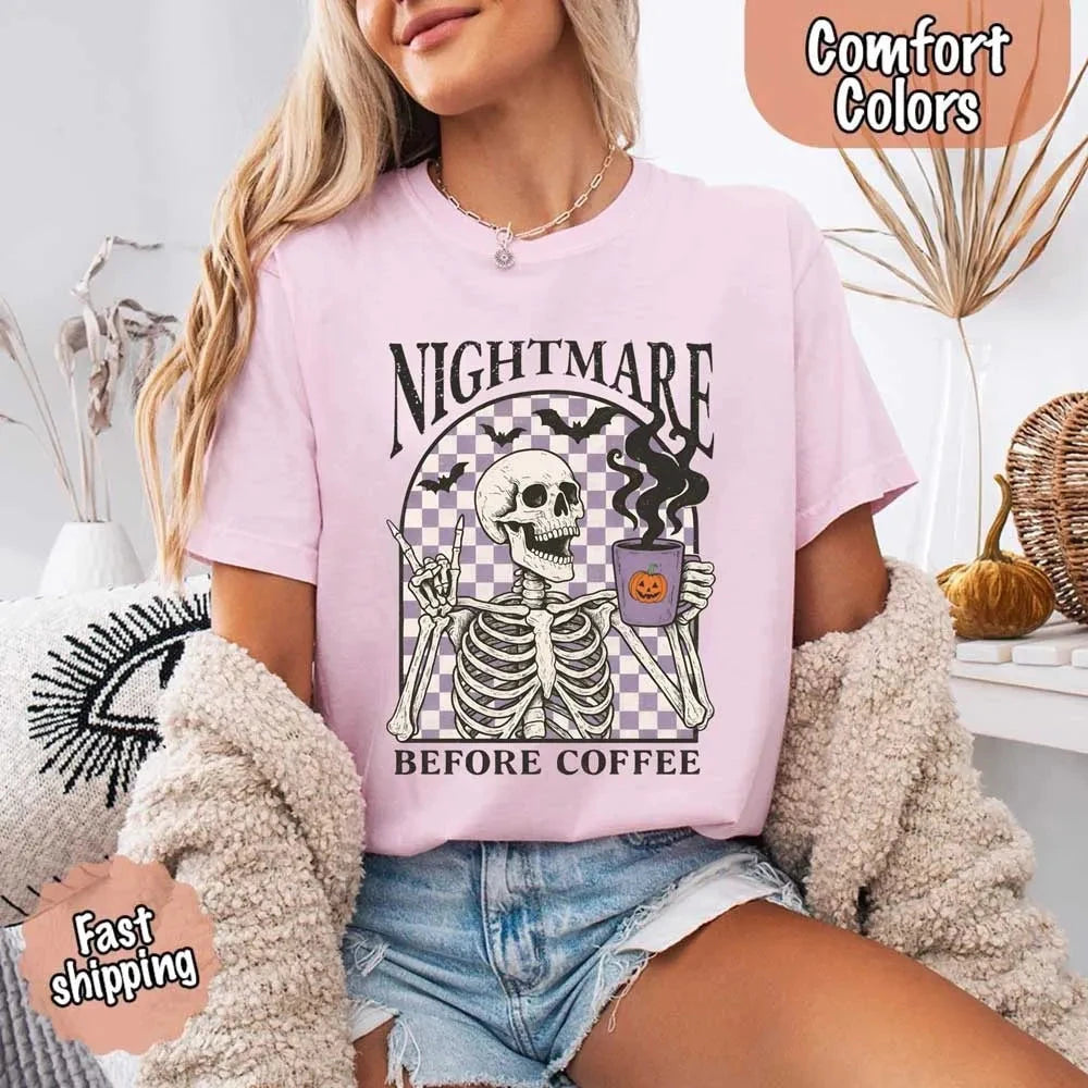 Nightmare Before Coffee Comfort Colors Shirt – Skeleton Funny Halloween Tee Adorb Custom Tees
