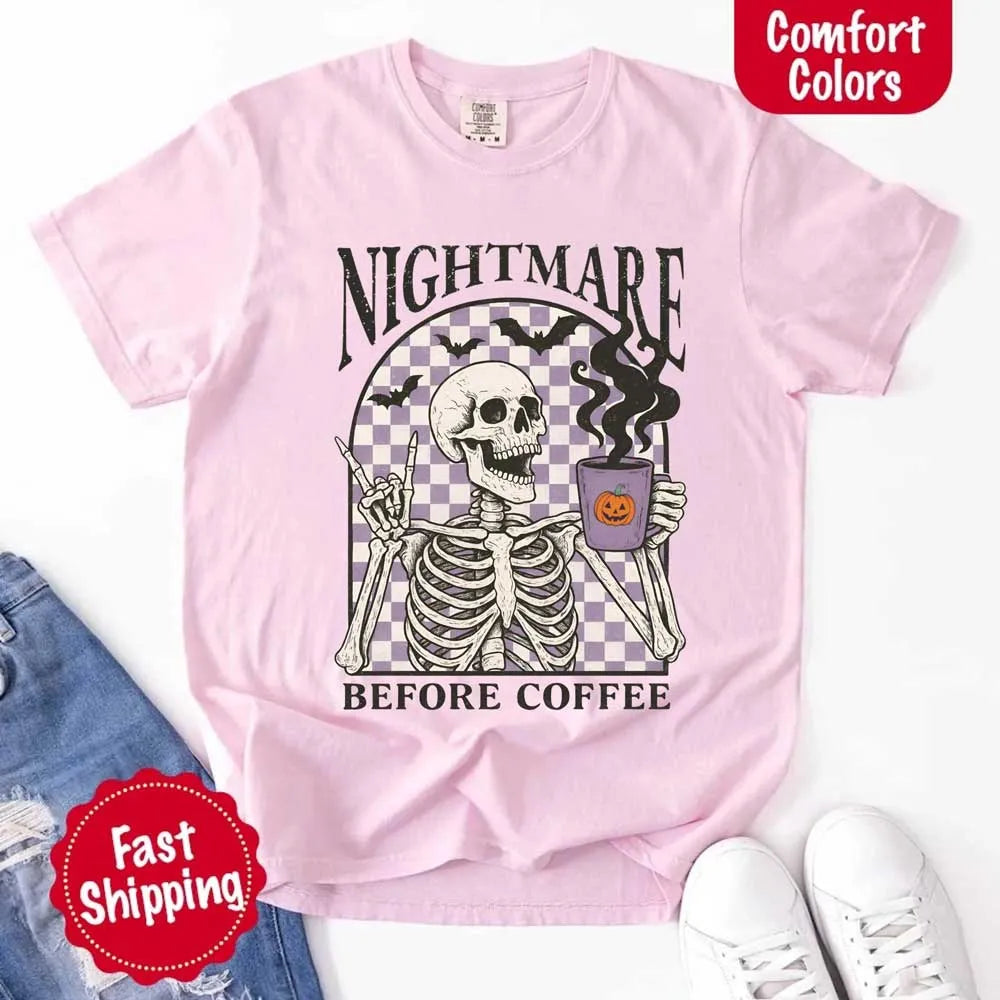 Nightmare Before Coffee Comfort Colors Shirt – Skeleton Funny Halloween Tee Adorb Custom Tees