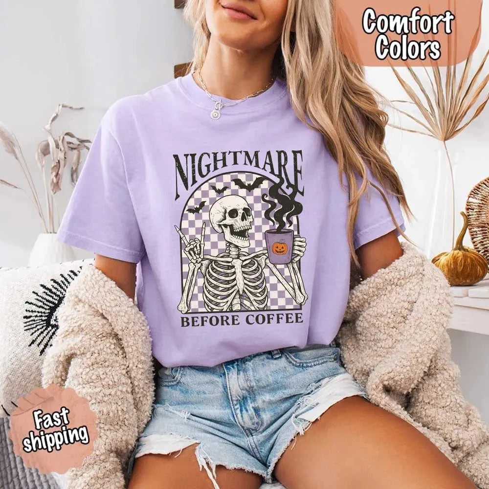 Nightmare Before Coffee Comfort Colors Shirt – Skeleton Funny Halloween Tee Adorb Custom Tees