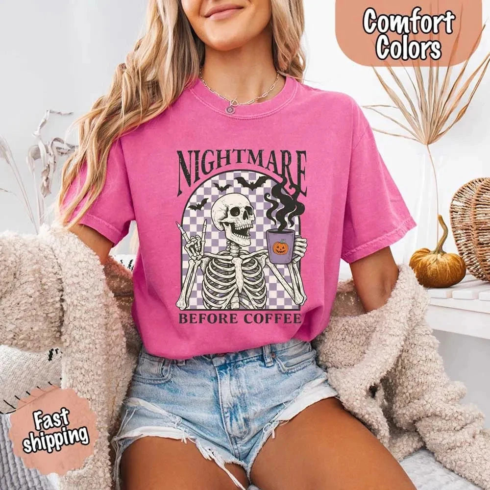 Nightmare Before Coffee Comfort Colors Shirt – Skeleton Funny Halloween Tee Adorb Custom Tees