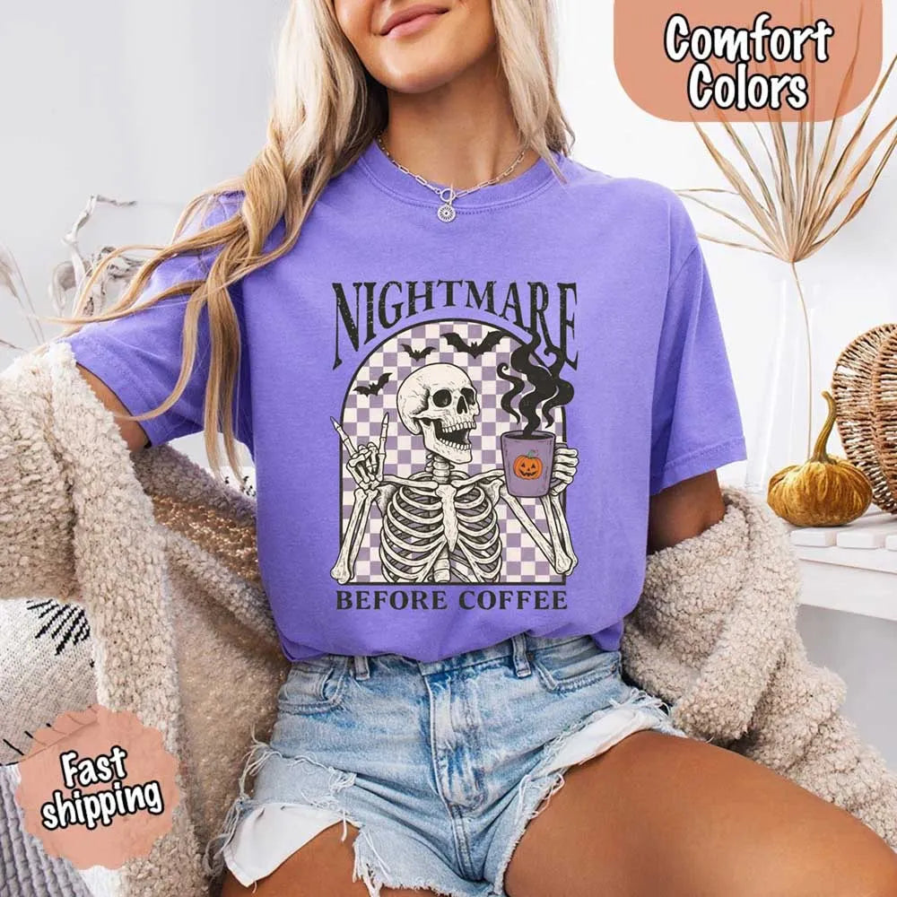Nightmare Before Coffee Comfort Colors Shirt – Skeleton Funny Halloween Tee Adorb Custom Tees