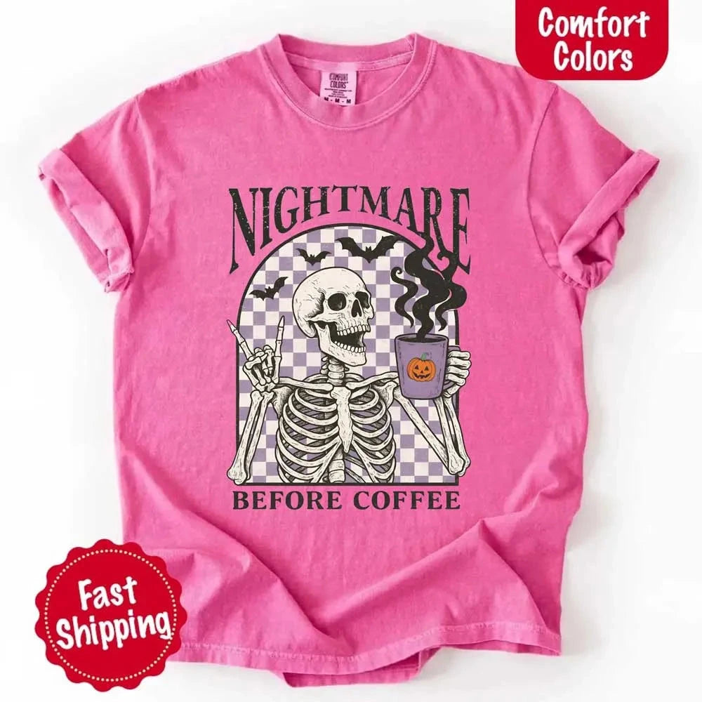 Nightmare Before Coffee Comfort Colors Shirt – Skeleton Funny Halloween Tee Adorb Custom Tees