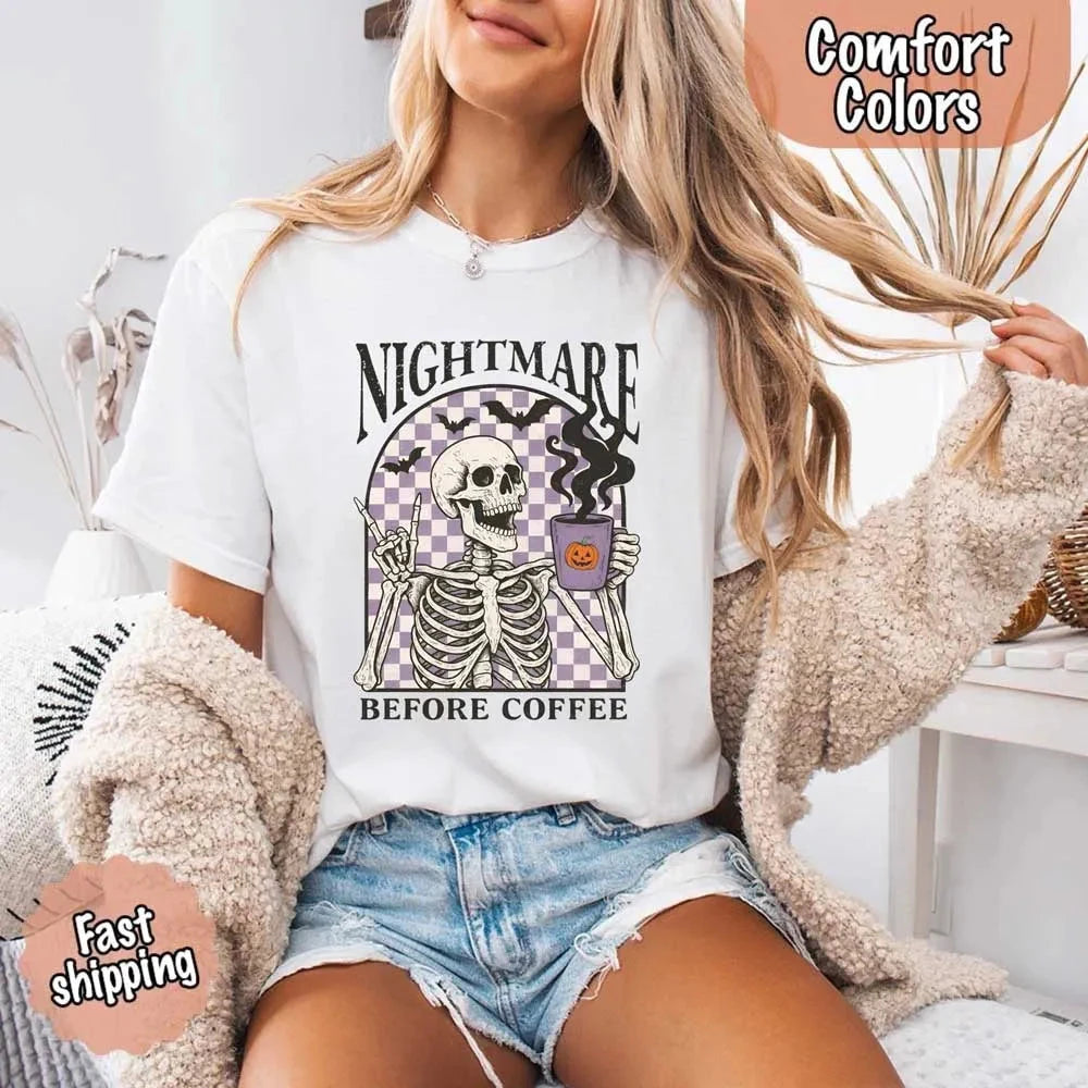 Nightmare Before Coffee Comfort Colors Shirt – Skeleton Funny Halloween Tee Adorb Custom Tees