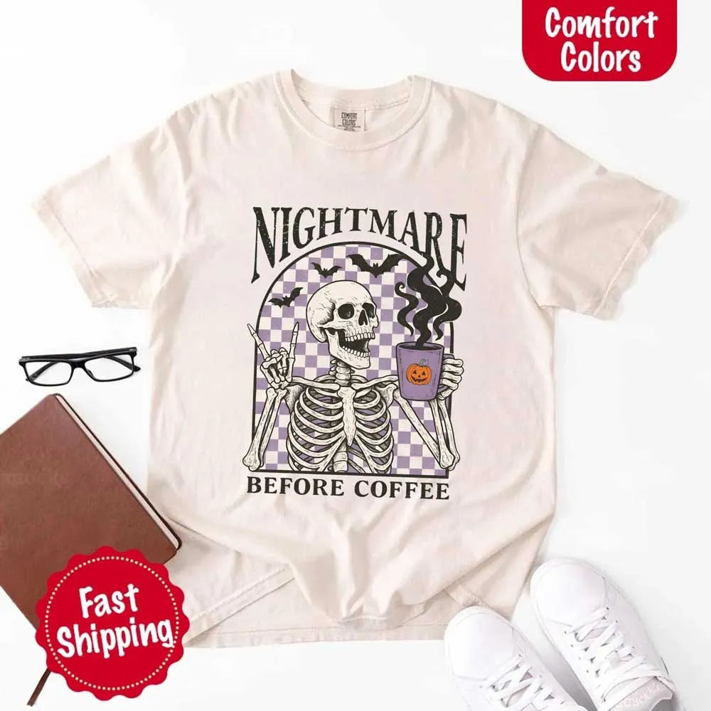 Nightmare Before Coffee Comfort Colors Shirt – Skeleton Funny Halloween Tee Adorb Custom Tees