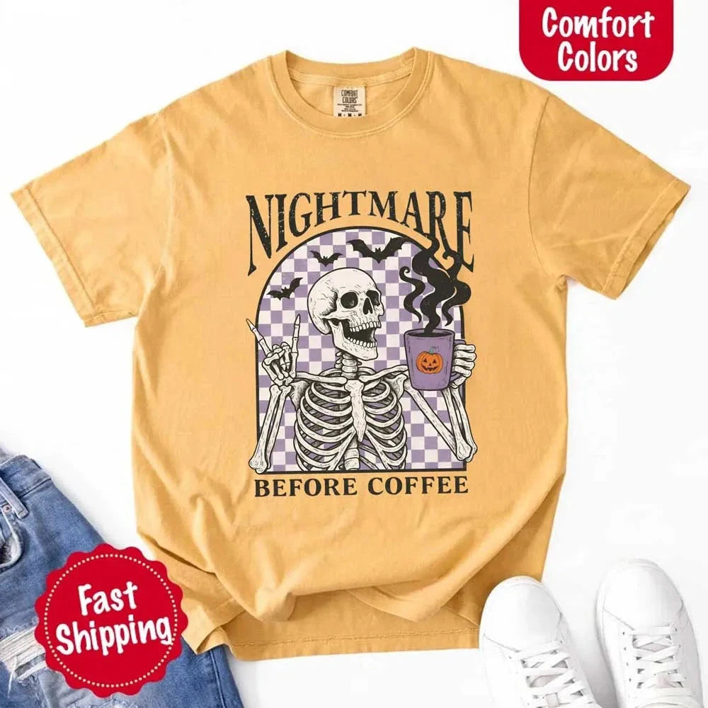 Nightmare Before Coffee Comfort Colors Shirt – Skeleton Funny Halloween Tee Adorb Custom Tees