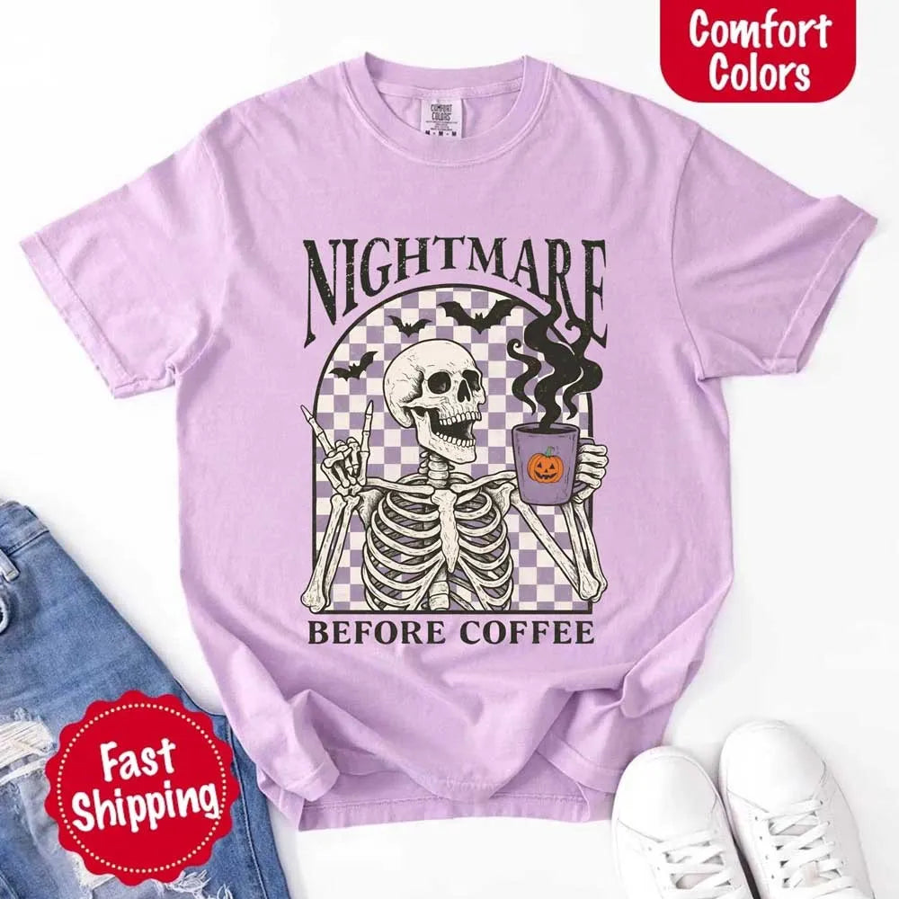 Nightmare Before Coffee Comfort Colors Shirt – Skeleton Funny Halloween Tee Adorb Custom Tees
