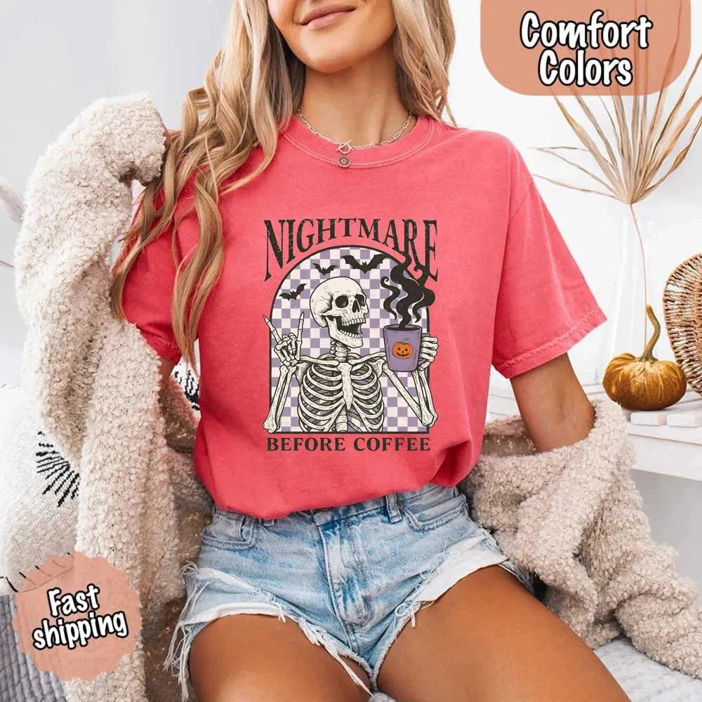 Nightmare Before Coffee Comfort Colors Shirt – Skeleton Funny Halloween Tee Adorb Custom Tees