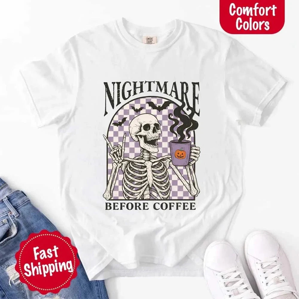 Nightmare Before Coffee Comfort Colors Shirt – Skeleton Funny Halloween Tee Adorb Custom Tees