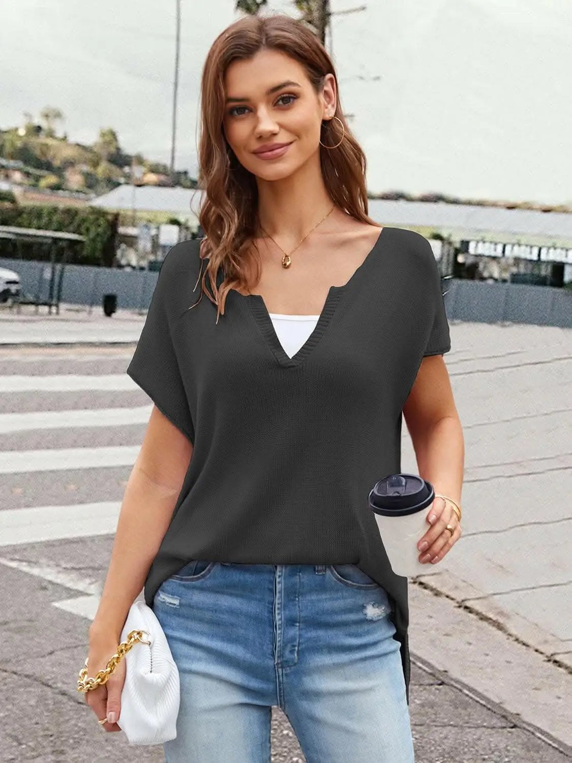 Notched neckline short sleeve top - Love Salve 