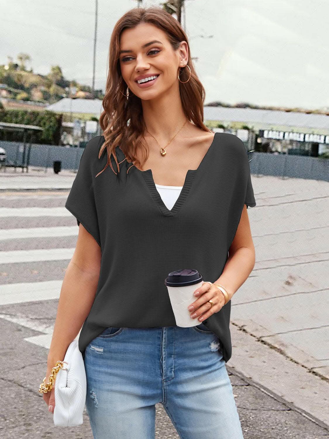 Notched neckline short sleeve top - Love Salve 