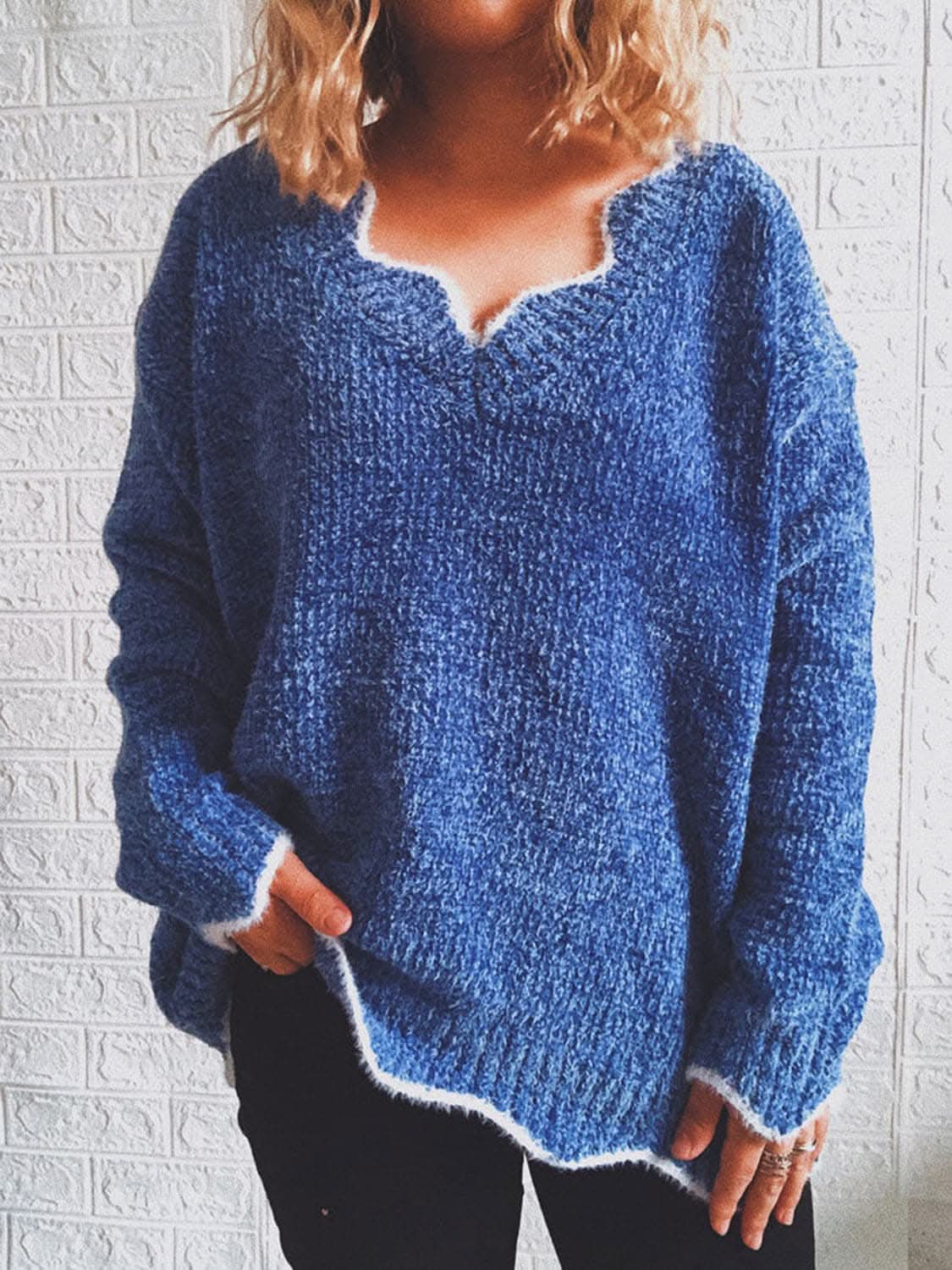 Notched shoulder long sleeve sweater 