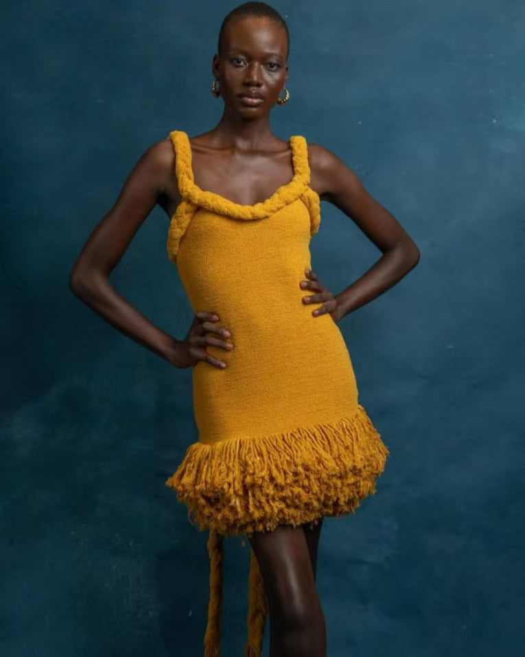 Autumn Winter Hand Woven Twine Rope Shoulder Strap Tassel Dress Swing Short Dress Bella Mia