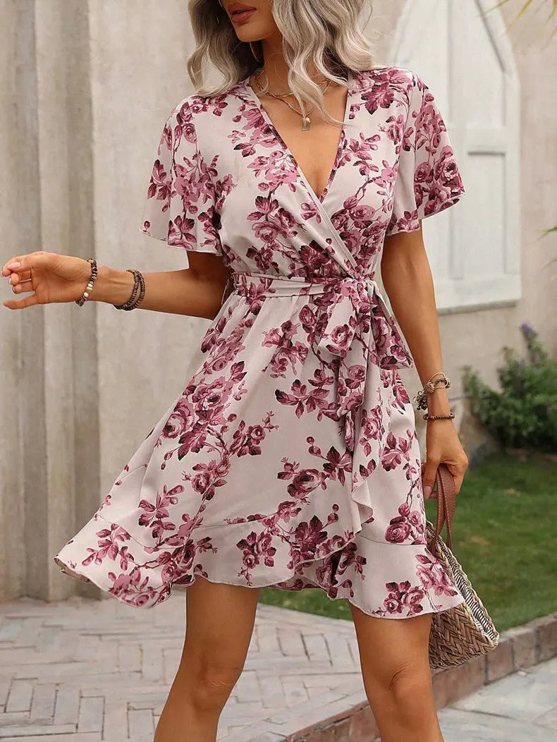 Women Clothing Summer Printed Dress Spotted Ruffled Wrap Lace up Bella Mia
