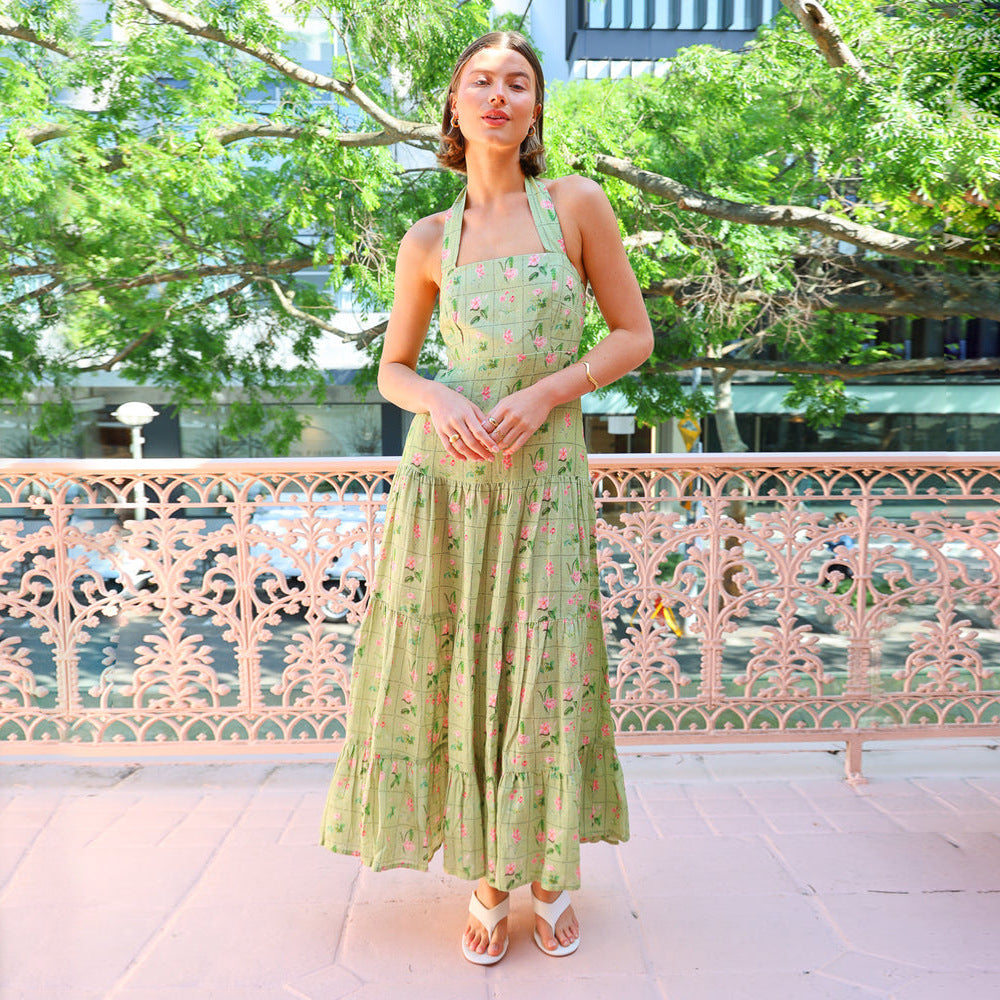 Sweet Printed Sleeveless Halter Dress Women Sexy Big Backless A line Dress Bella Mia