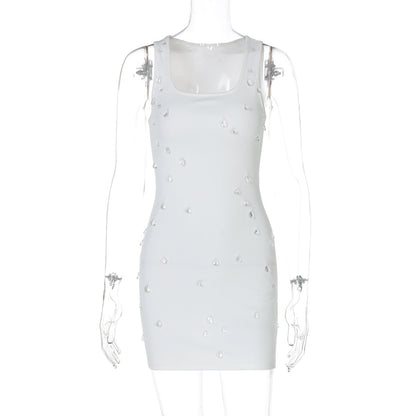Women Clothing Summer Personality Slim Fit Slimming Beaded Sleeveless Sheath Dress