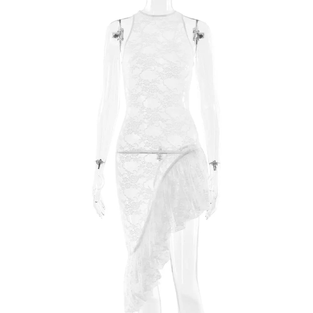 Sleeveless round Neck Dress Summer Sexy Lace See through Irregular Asymmetric Maxi Dress Women Bella Mia