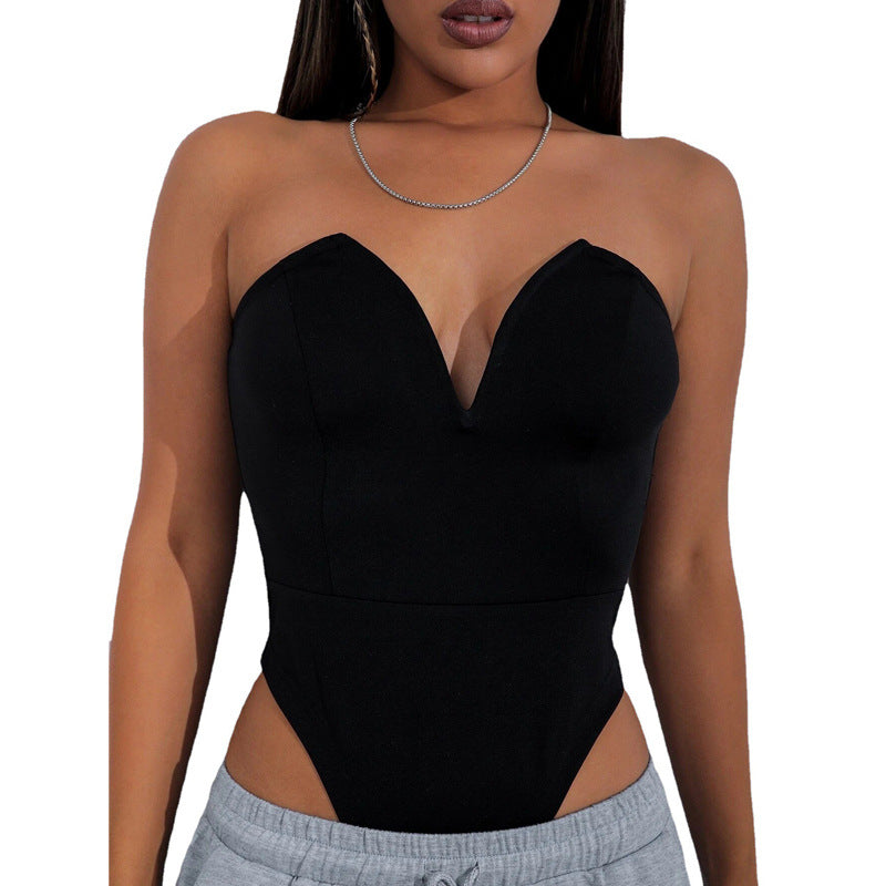 Women Clothing Sexy V Chest Bodysuit Women Tight Bottoming Shirt Slim Fit Figure Flattering Bodysuit Bella Mia