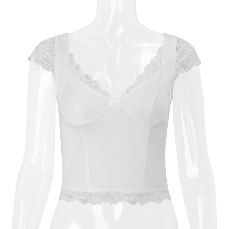 Women Clothing Summer Sexy Short Temperamental Lace Stitching Solid Color Cropped Top Bella Mia