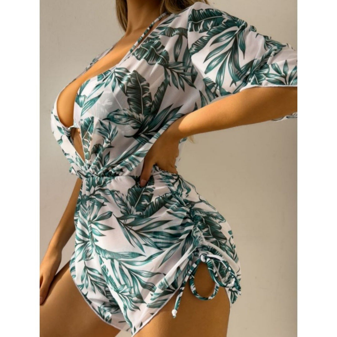Three Piece Bikini Leaves Printed Waist Controlled Lace up Long Sleeve Beach Anti Ddos Swimsuit Bella Mia