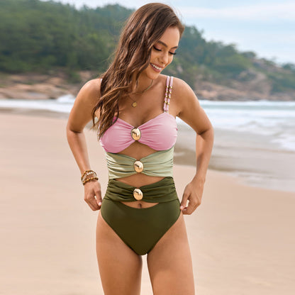 Swimsuit Solid Color Stitching Metal Buckle Swimsuit One Piece Swimsuit