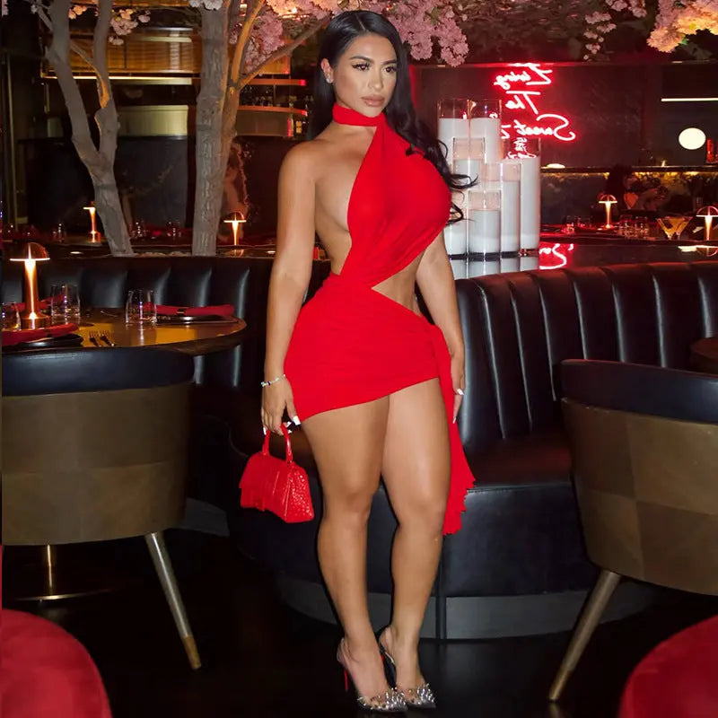 Street Women Wear Stitched Backless Solid Color Hip Lace up Pleated Asymmetric Dress Bella Mia