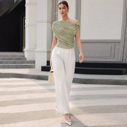 Summer Women Clothing Solid Color Simple Personality Diagonal Collar Sleeveless Cinched Slimming Pullover Women