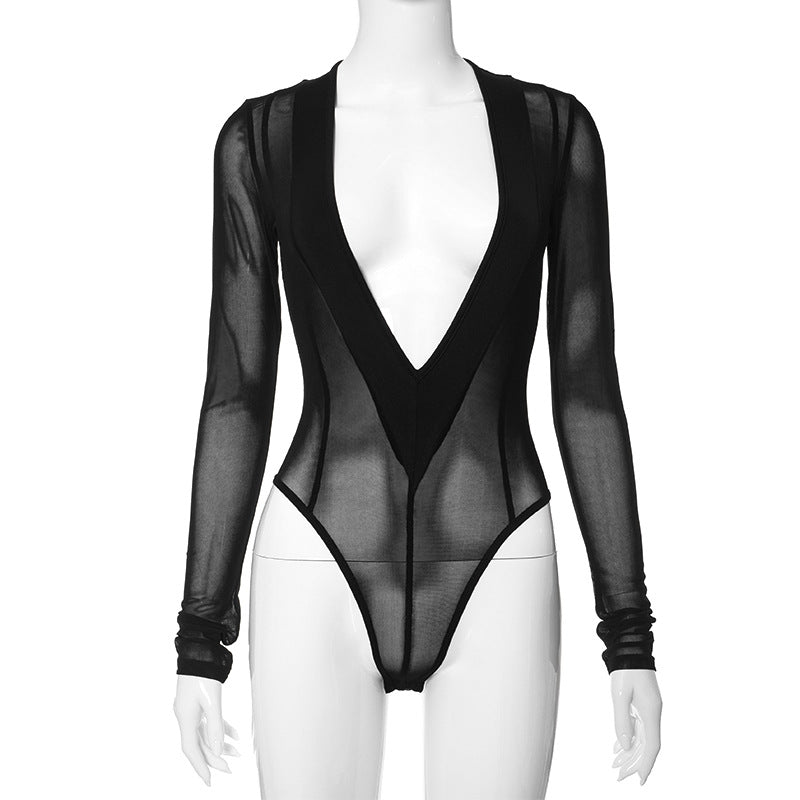 Women Clothing V neck Sexy Sheer Mesh Long Sleeve Jumpsuit Bella Mia