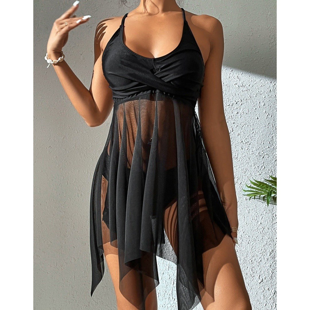 Ladies Yarn Swing Split Swimsuit High Waist Mesh Swimsuit Crossover Tops Double Shoulder Strap Bella Mia