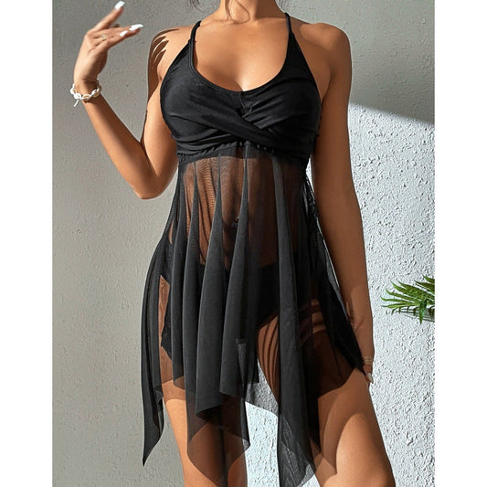 Ladies Yarn Swing Split Swimsuit High Waist Mesh Swimsuit Crossover Tops Double Shoulder Strap Bella Mia