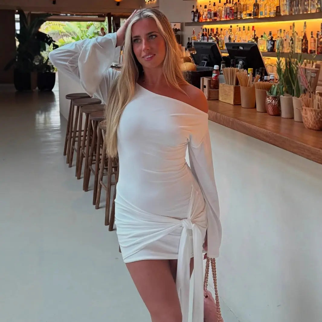 Autumn Winter Graceful Fashionable Solid Color Women Shoulder Waist Controlled Lace up Sheath Dress Bella Mia