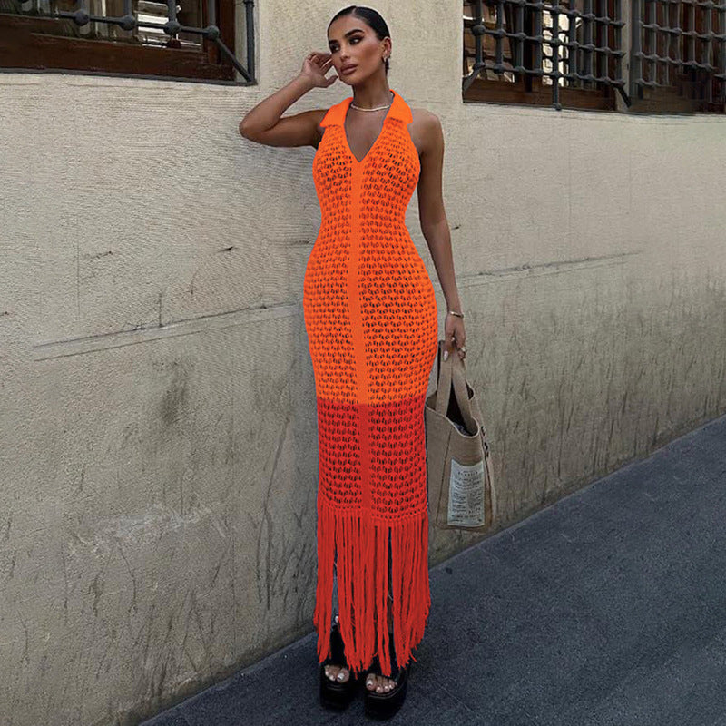 Summer Sexy Hollow Out Cutout out See through Maxi Dress Polo Collar Dress Women Clothing Bella Mia
