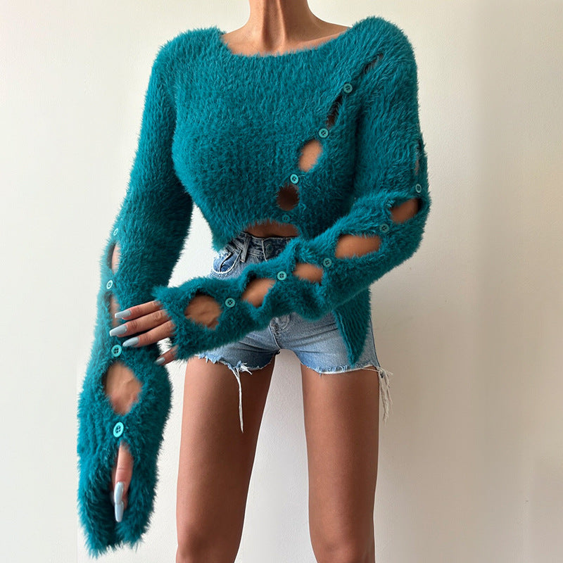 Sweater Women Cropped Hollow Out Cutout Long Sleeve Solid Color round Neck Knitted Sweater Women Bella Mia