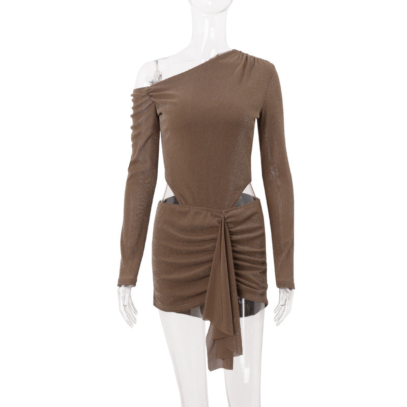 Women Clothing Autumn Sexy Diagonal Collar Solid Color Lace up Faux Two Piece Pleated Long Sleeve Narrow Dress Bella Mia