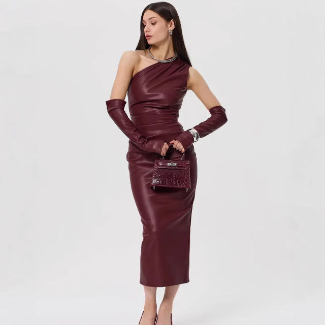 Crossbody Leather Dress Women Clothing Tight Wrapped Chest Pleated Sexy Sheath Split Dress Bella Mia
