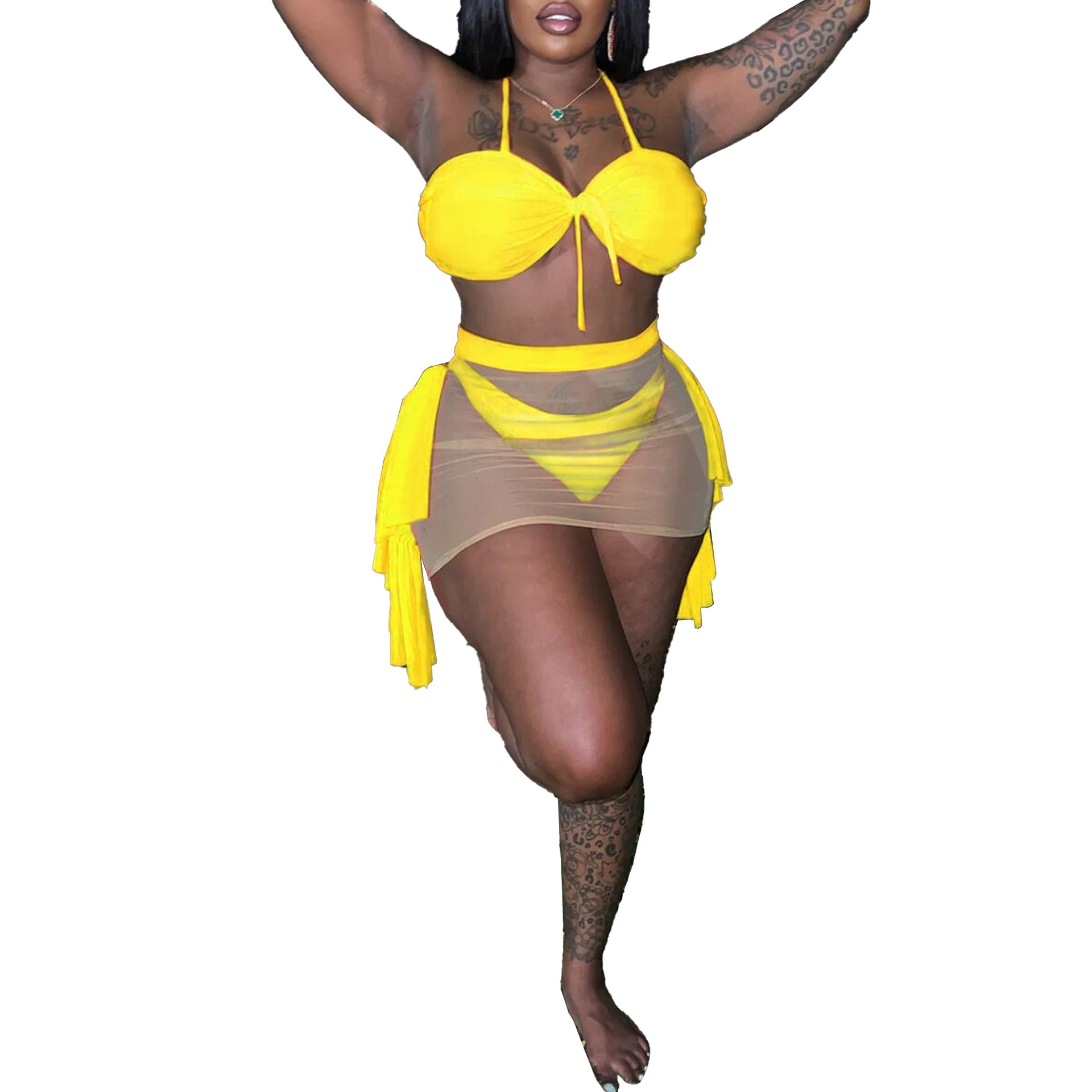 Sexy Solid Color Mesh Stitching See through Halter Strap Lace Swimsuit Three Piece Set Bella Mia