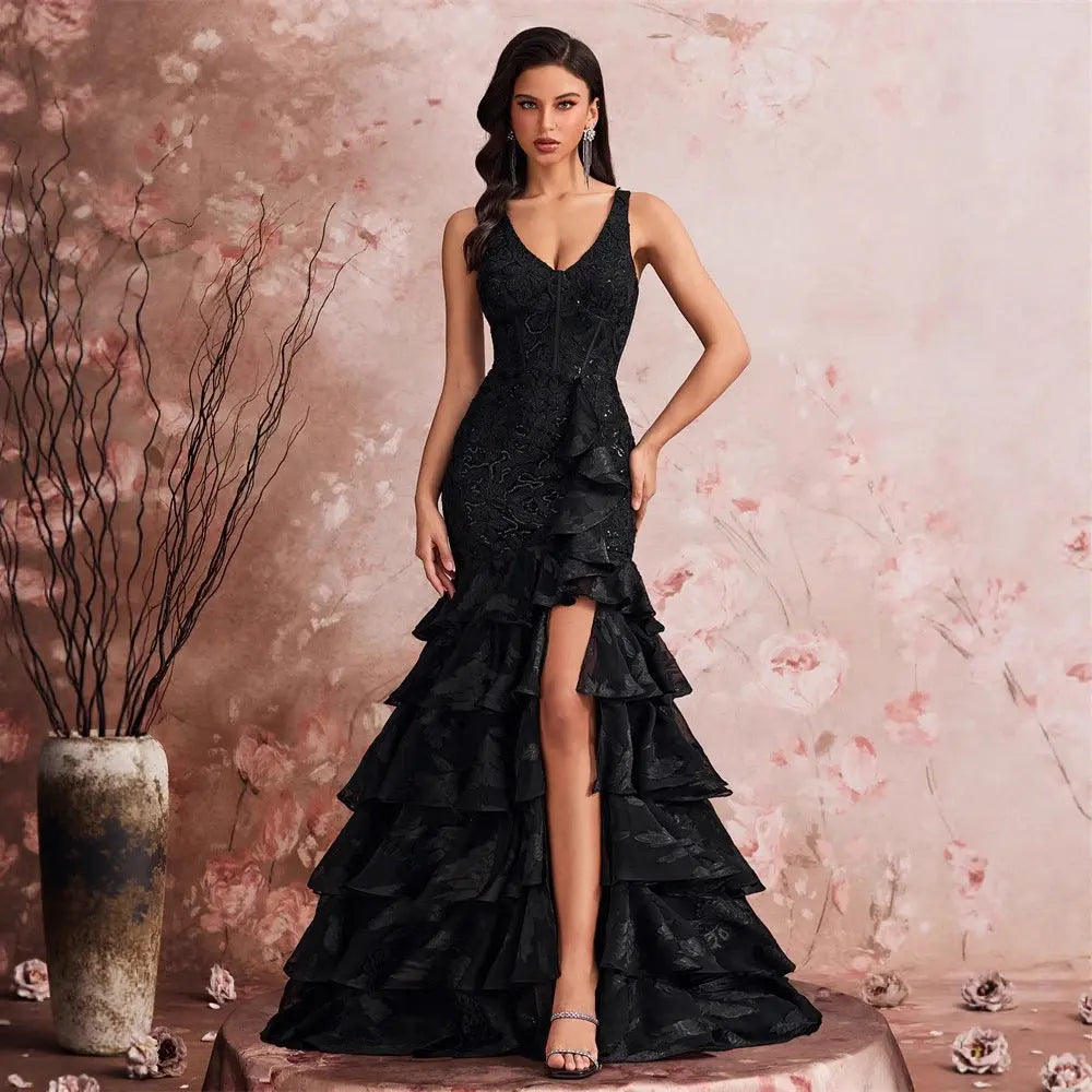 Long Elegant Oblique Shoulder Elegant Cocktail Party Dinner Dress Luxury Split Bridesmaid Graduation Dress Tiered Dress Women Bella Mia