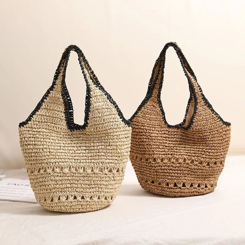 Large Capacity One Shoulder Straw Bag Casual Hollow Out Cutout Portable Straw Bag Woven Bag Women Seaside Vacation Beach Bag Bella Mia