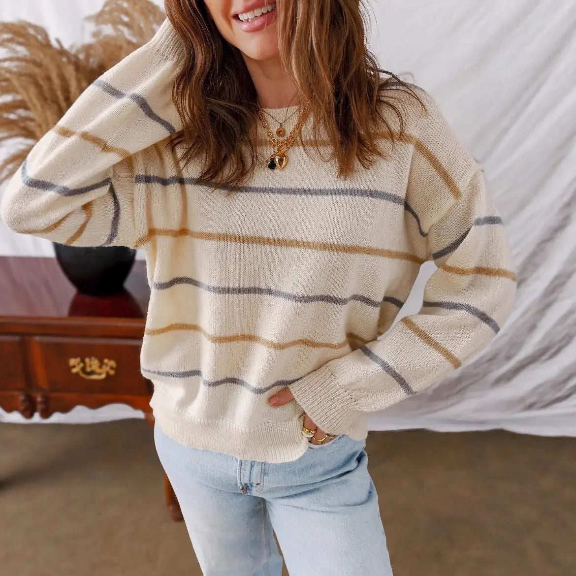 Women Casual Color Striped Pullover Long Sleeve Loose Sweater Crew Neck Bella Mia