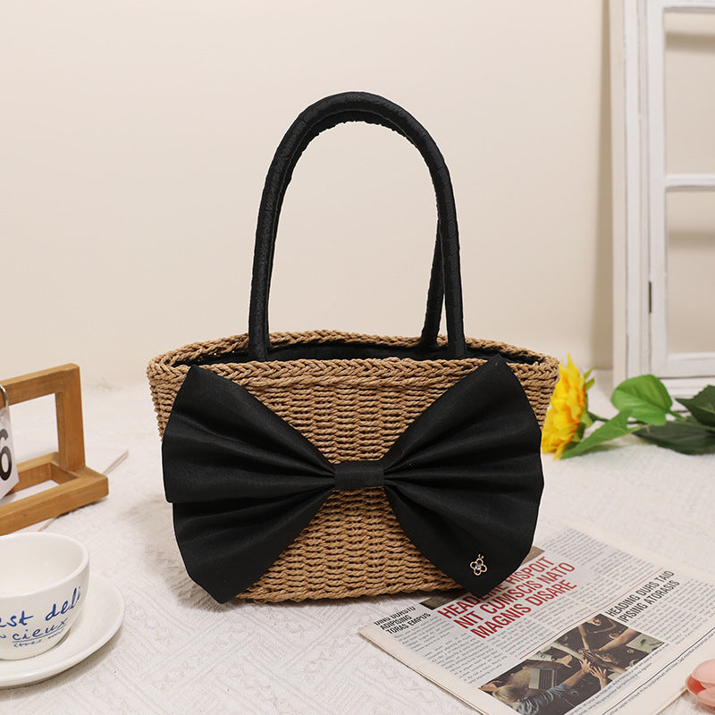 Mori Bow Straw Bag Portable Simplicity Hand Woven Bag Seaside Vacation Beach Bag Rattan Weave Bag Bella Mia