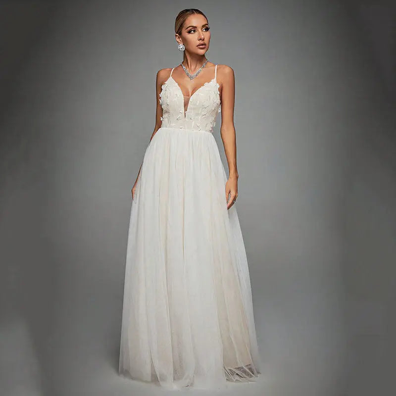 Evening Dress Sexy Hollow Out Cutout out Backless Deep V Plunge Lace Stitching Long Sleeve Dress Bella Mia