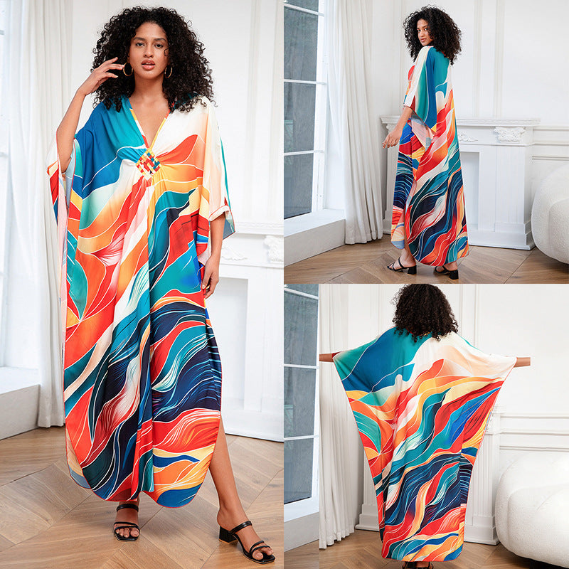 Positioning Print Holiday Loose plus Size Robe Beach Cover up Dress Bikini Cover-up Women's Clothing