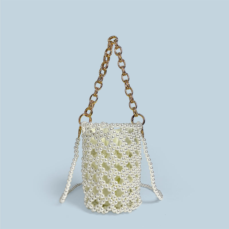 Chinese Beaded Hand Woven Pearl Cocktail Vegetable Basket Hollow Out Cutout Bucket Chain Underarm Messenger Bag Bella Mia