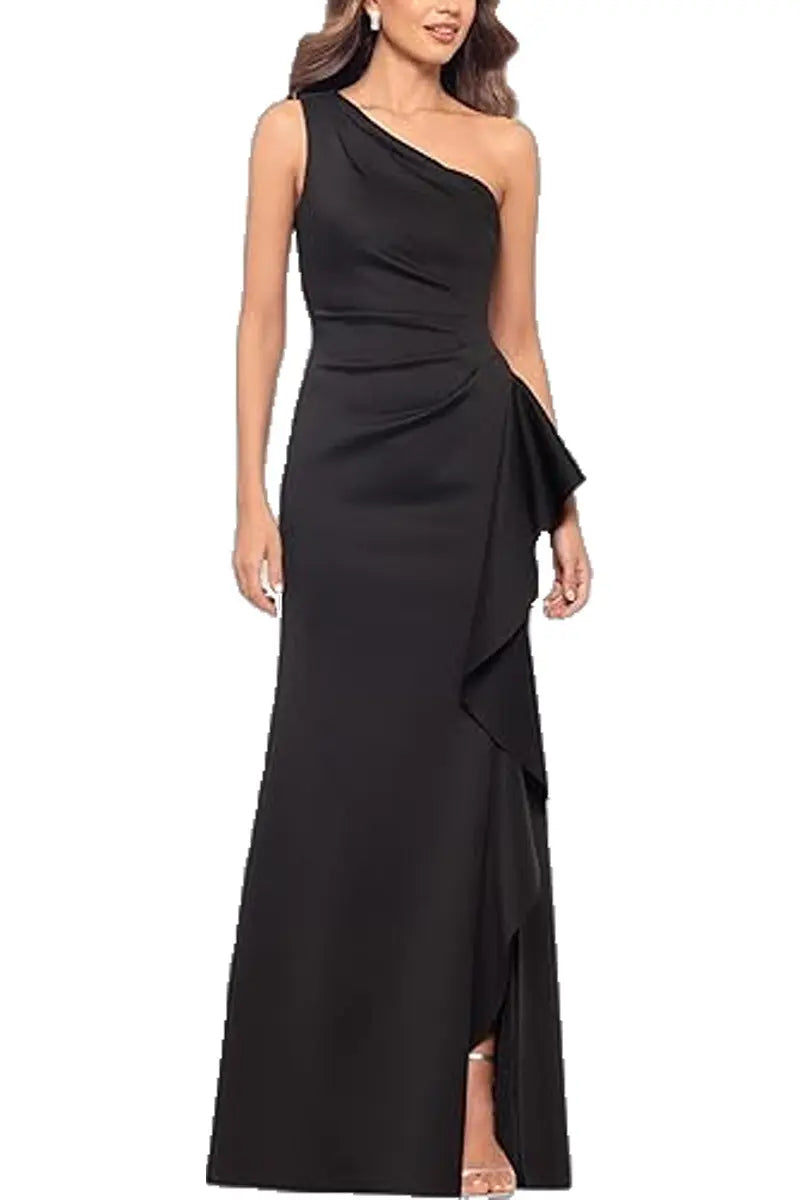 Elegant One Shoulder Ruffled Solid Color Slim Fit Split Fishtail Maxi Evening Dress Bella Mia