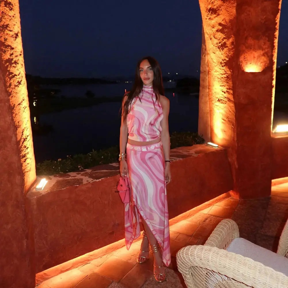 Summer Sexy Positioning Printing Satin Backless Top Irregular Asymmetric Skirt Two Piece Set Bella Mia