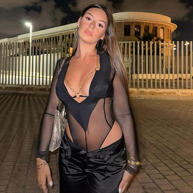 Women Clothing V neck Sexy Sheer Mesh Long Sleeve Jumpsuit Bella Mia