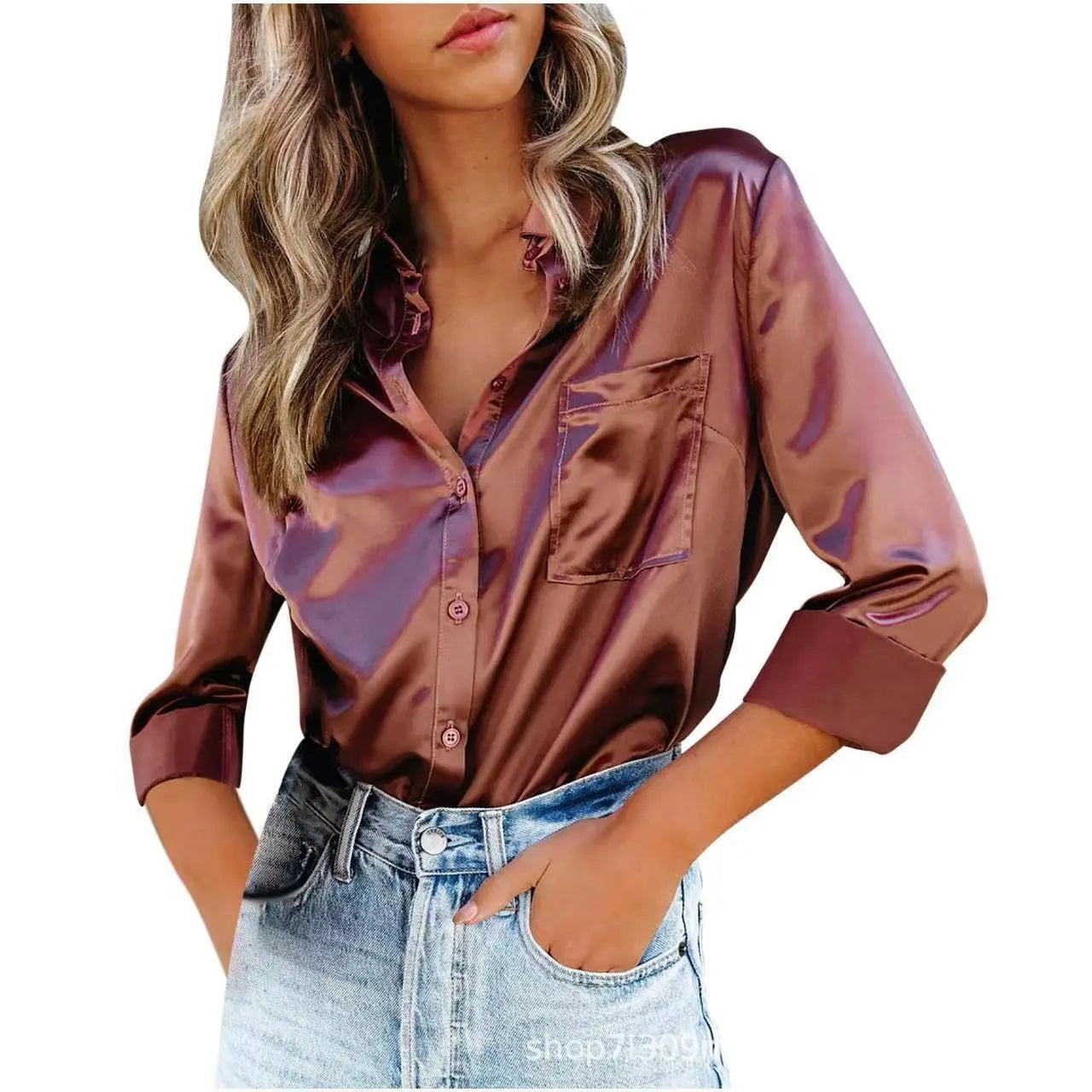 Solid Color Satin Office Shirt Long Sleeve Collared Pocket Bella Mia