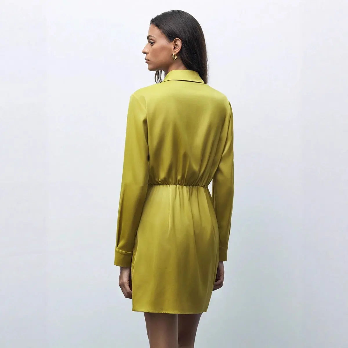 Women Ruched Satin Shirt Dress Short Length Collared Long Sleeve Slim Fit Work Bella Mia