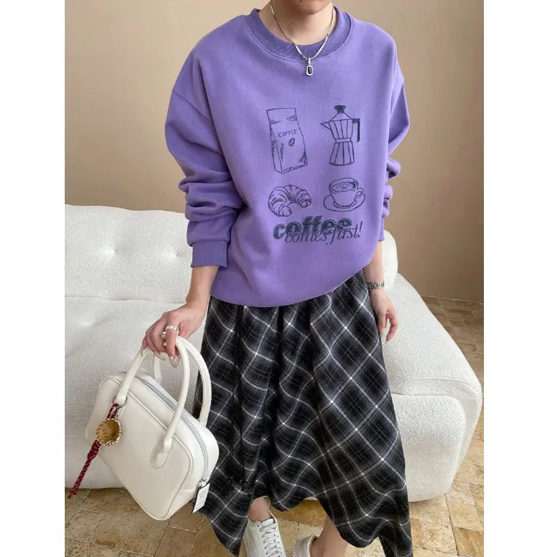 Atmosphere Fun Coffee Bread Printing round Neck Loose Pullover Sweater Bella Mia